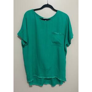 UMGEE Women's Teal Linen Blend Short Sleeves Fringed Pleated Back Pocket Tunic L